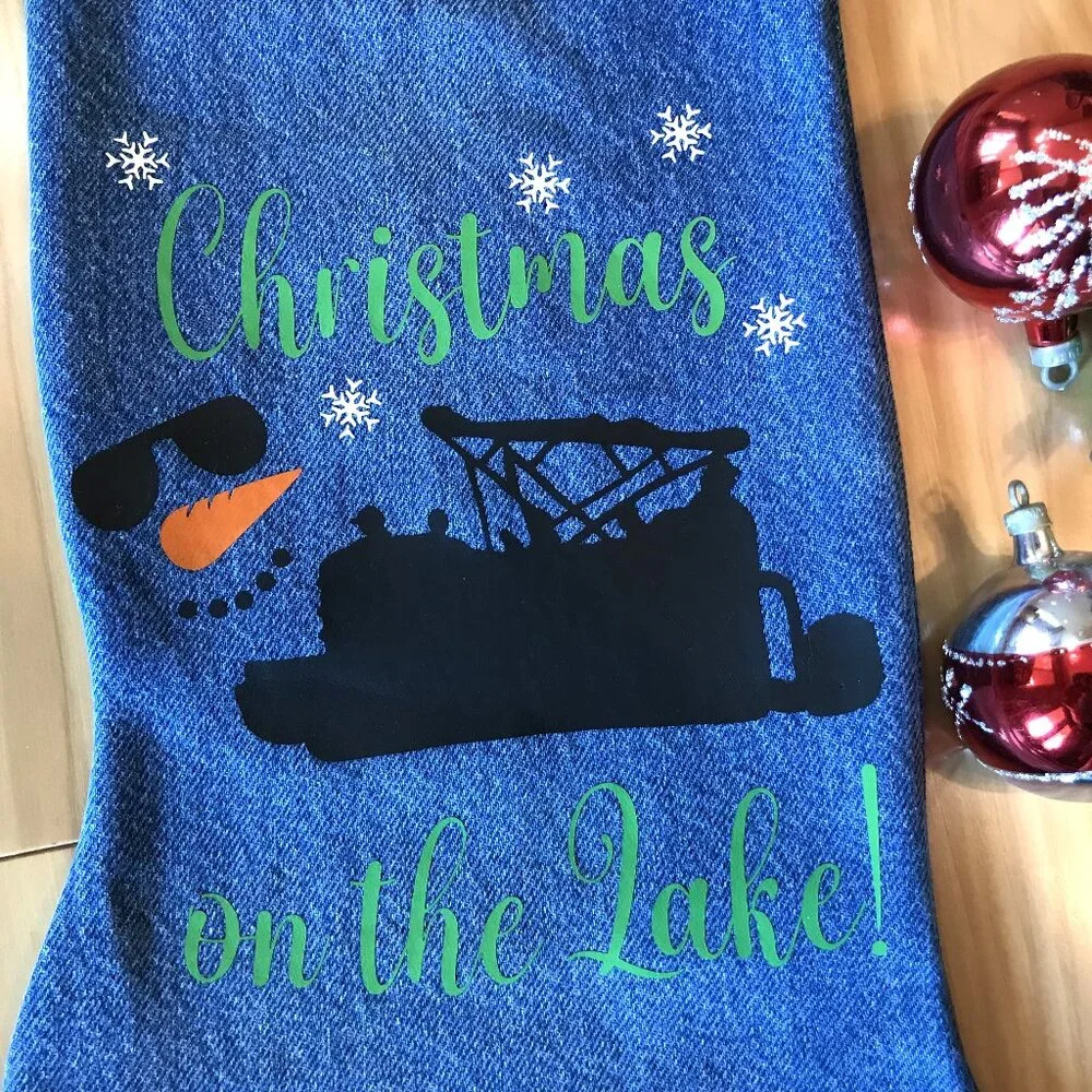 Denim Christmas Stocking, Lake House Fishing Decor Pontoon Boat Jet Ski Graphic